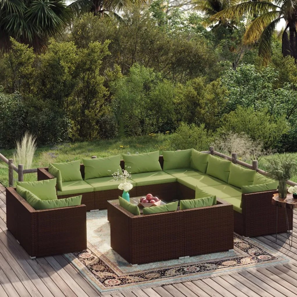 12 pcs conjunto lounge de jardim c/ almofadões vime PE castanho