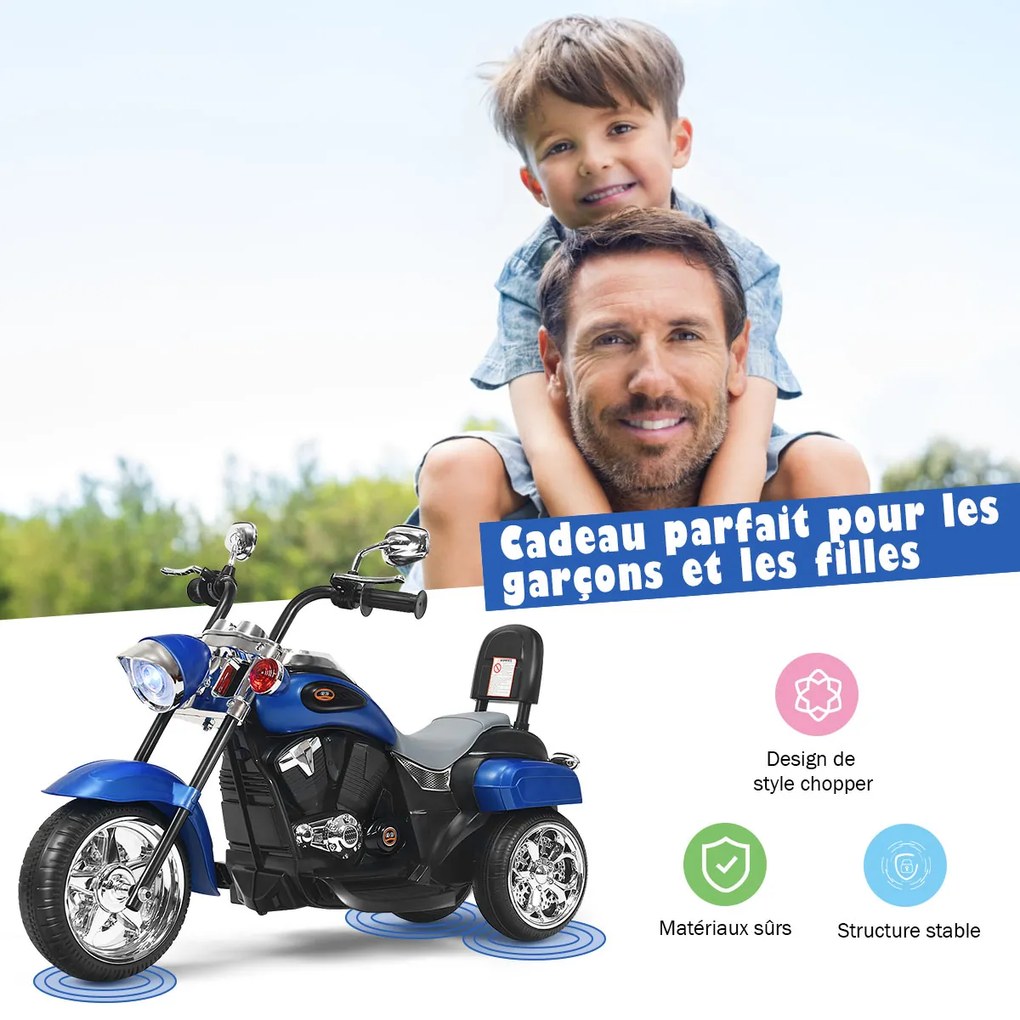 Scooter elétrica de motocicleta com 3 rodas para crianças 6V 3 km/h com efeito sonoro e luminoso 3 anos + estilo chopper preto e branco