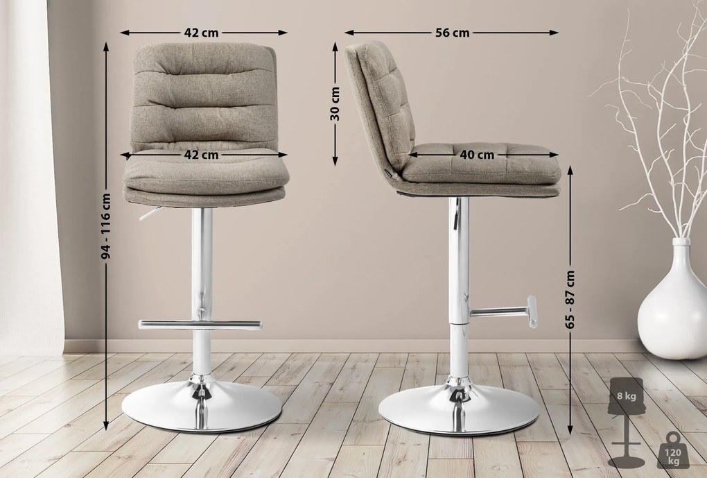 Banco de bar Damar em tecido com estrutura cromada 94-116 x 42 x 56 cm Castanho acinzentado