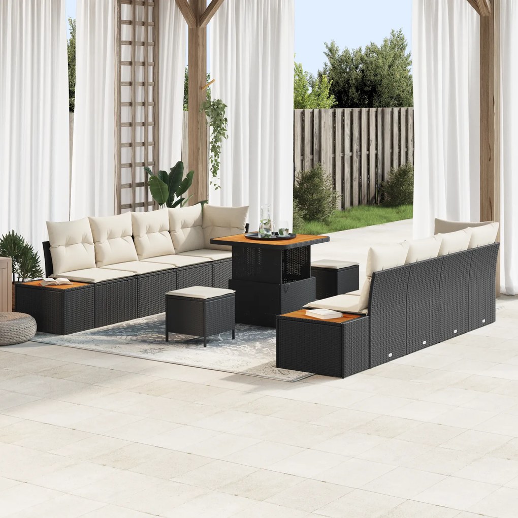 Conjunto de Sofá de Jardim vidaXL com Almofadas Preto Rattan Poliéster