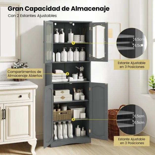 Armário alto 60 x 30 x 164 cm de armazenamento para casa de banho, despensa cozinha ou sala com portas de vidro fosco cinza