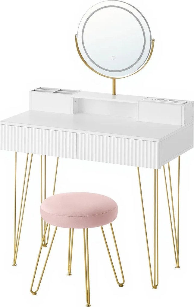 Toucador com banco 40 x 80 x 134,8 cm e iluminação com régua de tomadas branco mate-Dourado