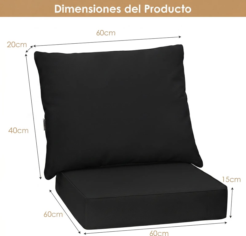 Conjunto de 2 Almofadas para Cadeira de Exterior (NÃO INCLUIDA), Assento e Encosto, 60 x 40 x 20 cm, Impermeáveis, Preto