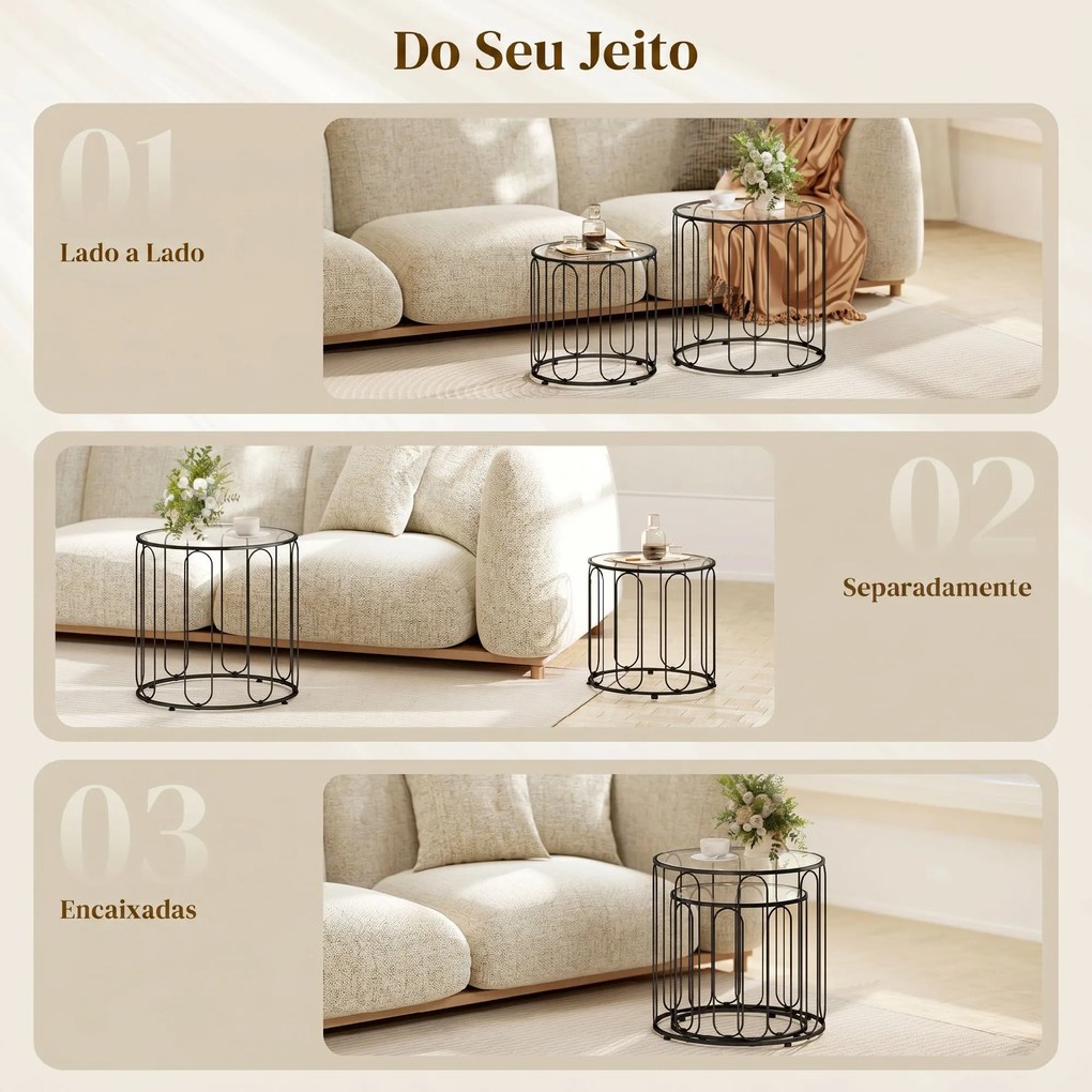 Conjunto de 2 Mesas de Apoio Tipo Ninho com Estrutura em Metal e Tampo de Vidro Ø50x50 cm e Ø40x40 cm Preto