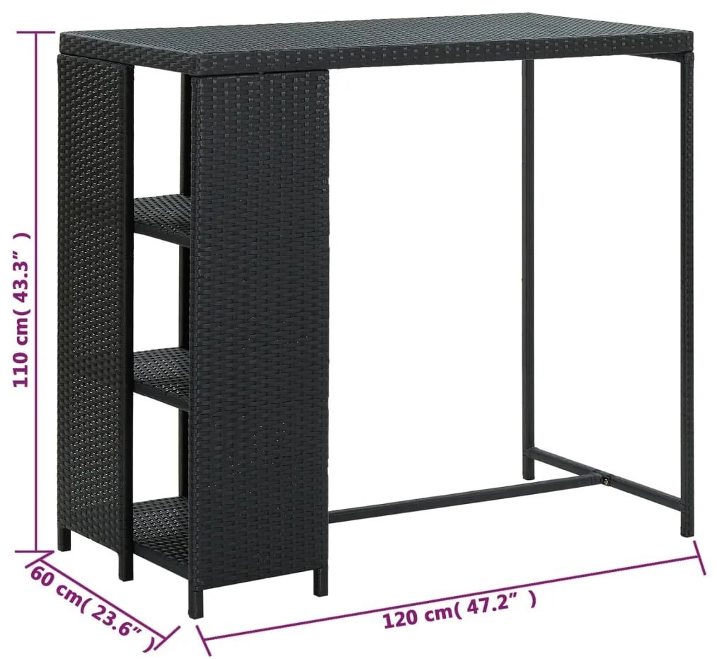 Mesa de bar com prateleiras 120x60x110 cm vime PE preto