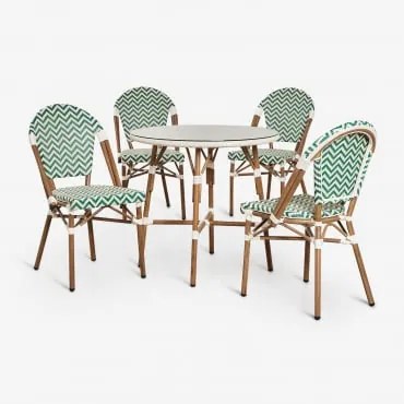Conjunto De Mesa Redonda Brielle Bistro (80 Cm De Diâmetro) E 4 Cadeiras De Jardim Empilháveis De Alumínio Verde Couve - Gardénia Branco - Sklum