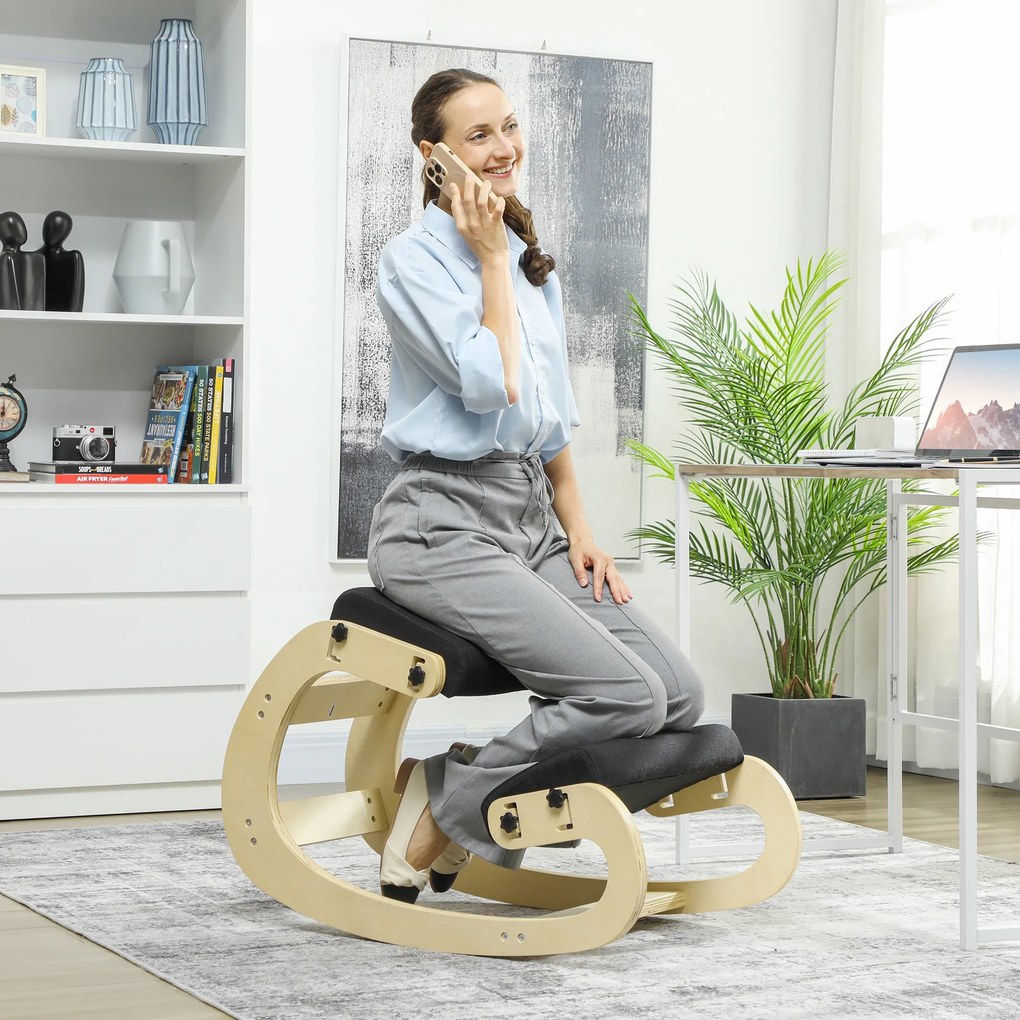 Cadeira de joelhos, cadeira ergonómica em madeira com função de balanço, cadeira de joelhos ajustável para escritório em casa preto