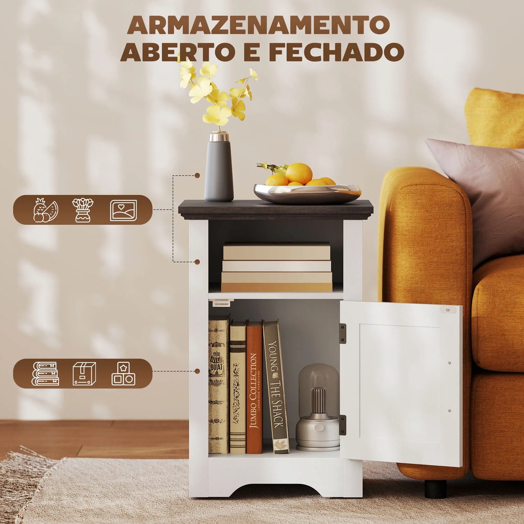 Conjunto de 2 Mesas Auxiliares para Sala Mesas de Cabeceira com Porta Estilo Celeiro e Prateleira Aberta 40x35x60 cm Branco
