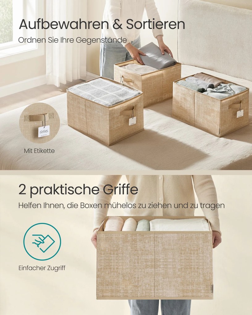 Conjunto de 3 caixas de arrumação, 50 x 30 x 30 cm, bege-areia