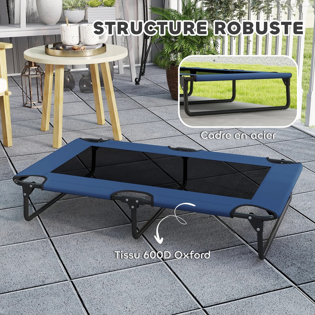 Cama elevada dobrável e refrescante para cães 107 x 61 x 20 cm, cama de campanha para animais em malha respirável, azul escuro