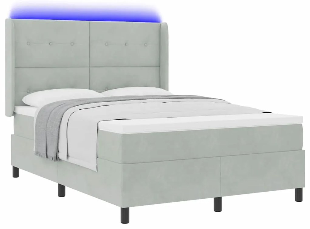 Cama Box com Colchão e Luz LED Cinza Claro 140x190 cm Veludo