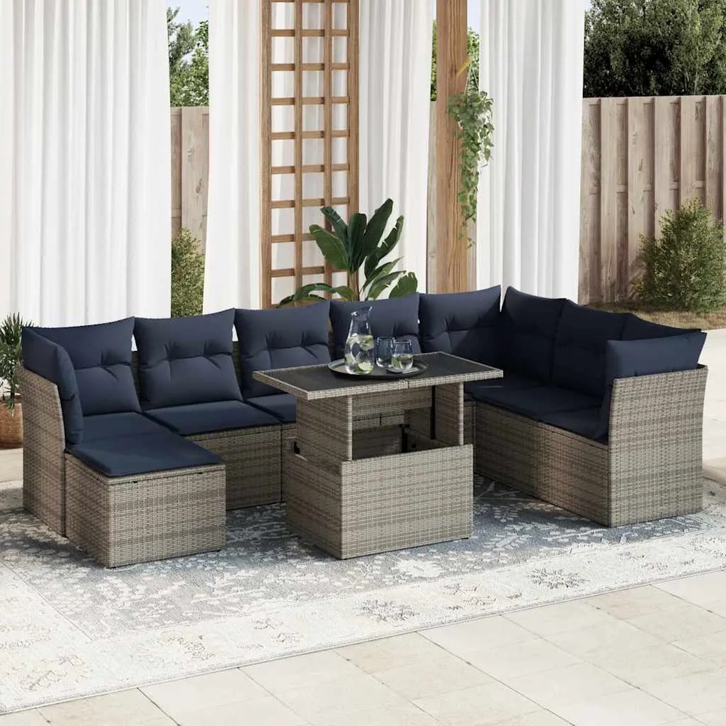 9 pcs conjunto sofás jardim almofadões vime PE/acácia cinzento