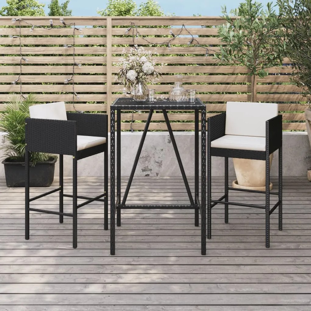 vidaXL 3 pcs conjunto de bar para jardim c/ almofadões vime PE preto