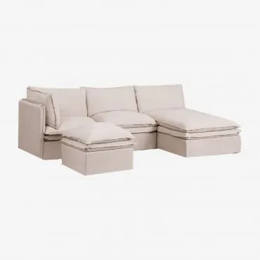 Sofá Modular Chaise Longue De 3 Peças E Puff Em Linho E Algodão Grace Tecido Beige - Sklum