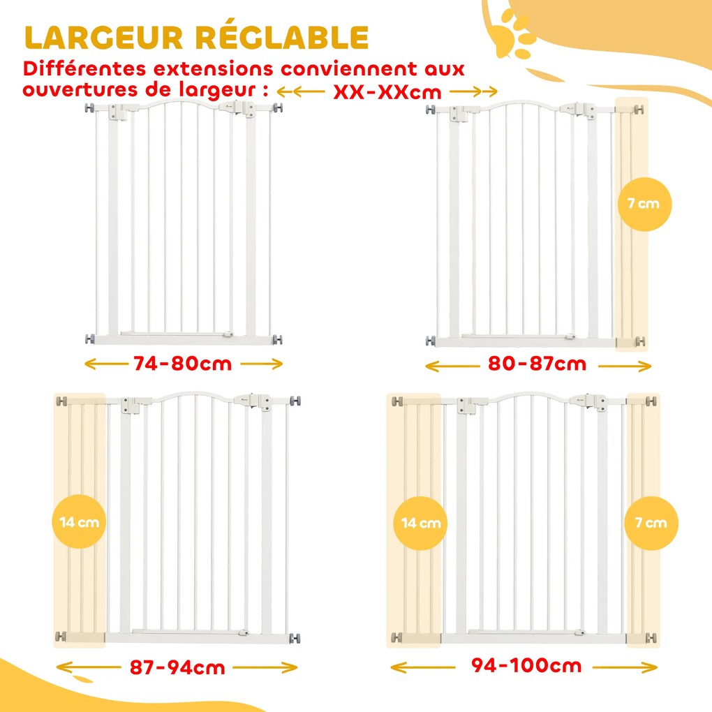 Barreira de segurança extensível para cães, 74-100 cm, fecho automático, fixação por pressão sem necessidade de perfuração, branca