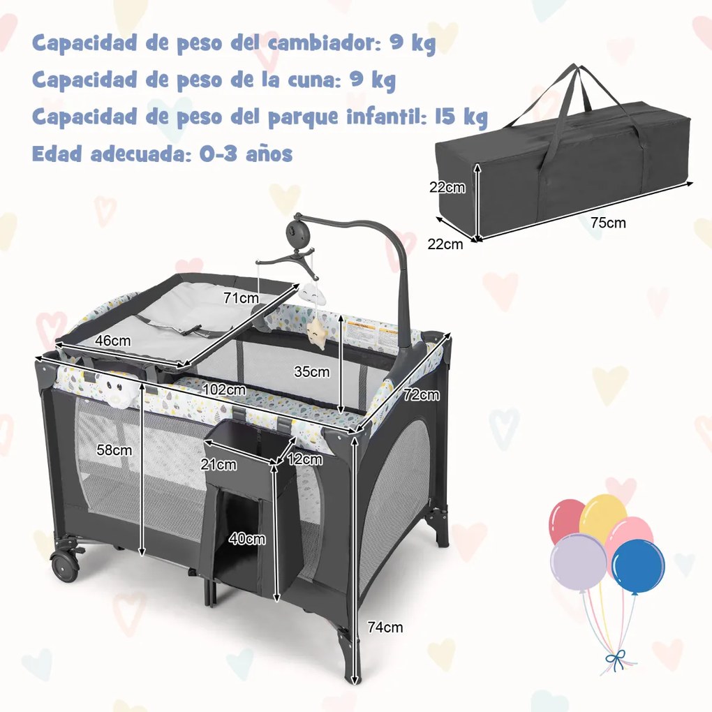 Parque portátil 4 em 1, berço dobrável para viagem com colchão removível e mudança de música, 102 x 72 x 74 cm Bege