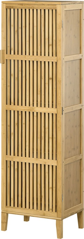 Móvel de arrumação em bambu com prateleiras e porta de design com ripas para casa de banho 40 x 30 x 140 cm