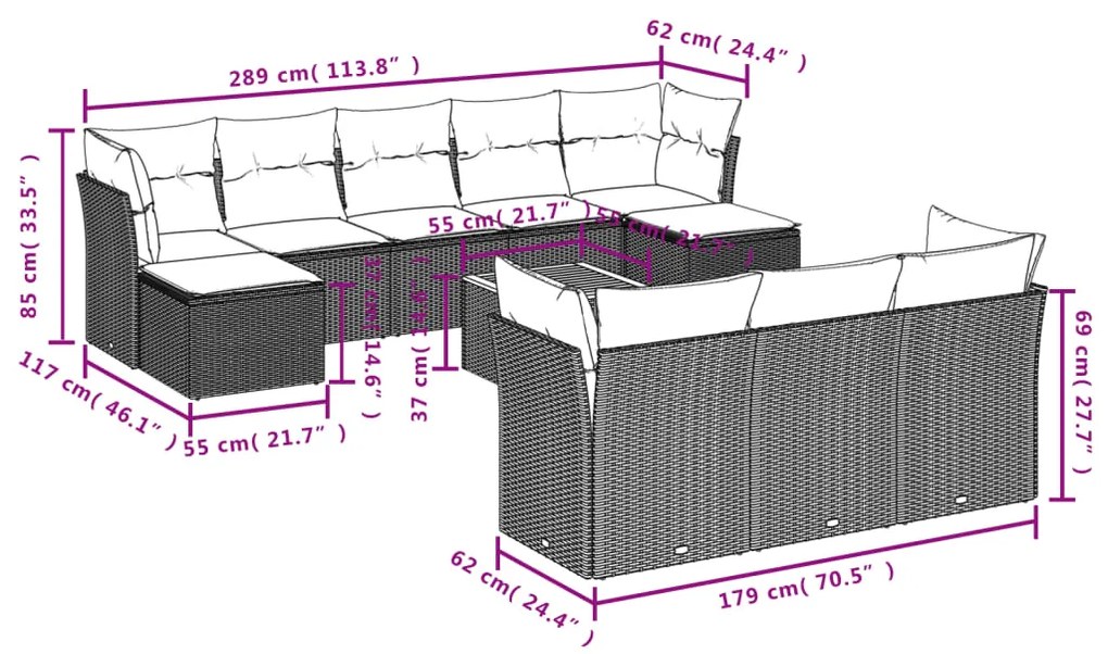 11 pcs conjunto sofás de jardim c/ almofadões vime PE preto