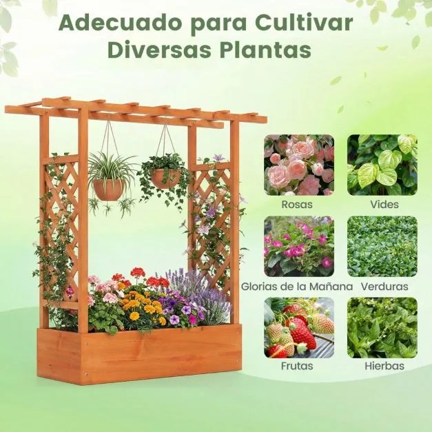 Floreira de jardim elevada em madeira com treliça 110 x 35 x 114 cm, teto suspenso, orifícios de drenagem, abeto, para plantas trepadeiras Laranja