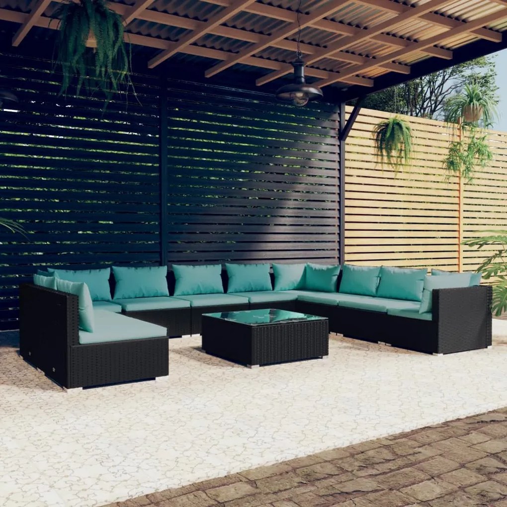 vidaXL 11 pcs conjunto lounge de jardim c/ almofadões vime PE preto