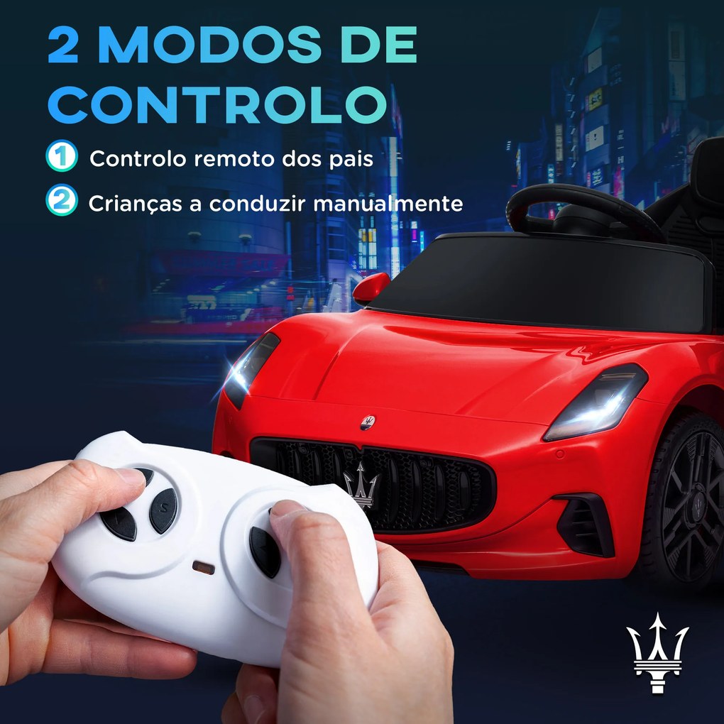 Carro Elétrico para Crianças Maserati Gran Turismo Folgore 12V Controlo Remoto Faróis Buzina e Música MP3 98x59x43 cm Vermelho