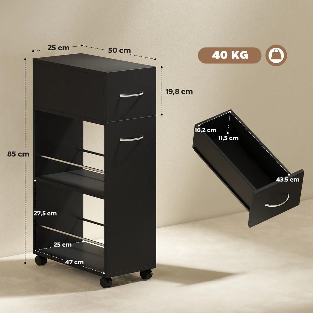 Carrinho de serviço de cozinha com rodas 25 x 50 x 85 cm, 1 gaveta e 2 prateleiras abertas para sala de jantar, preto