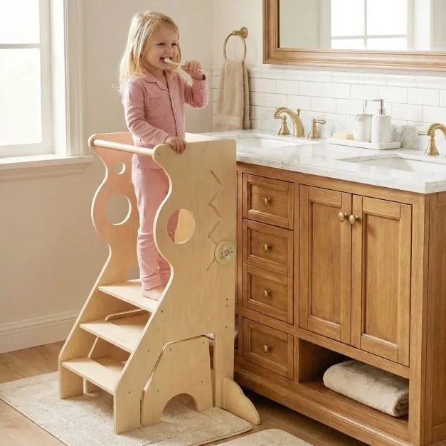 Banco de cozinha infantil 72 x 59 x 90,5 cm Torre de aprendizagem 2 em 1 com barras de segurança e 2 degraus para crianças +3 anos Natural