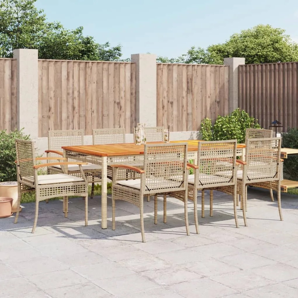 vidaXL 9 pcs conjunto de jantar p/ jardim com almofadões vime PE bege