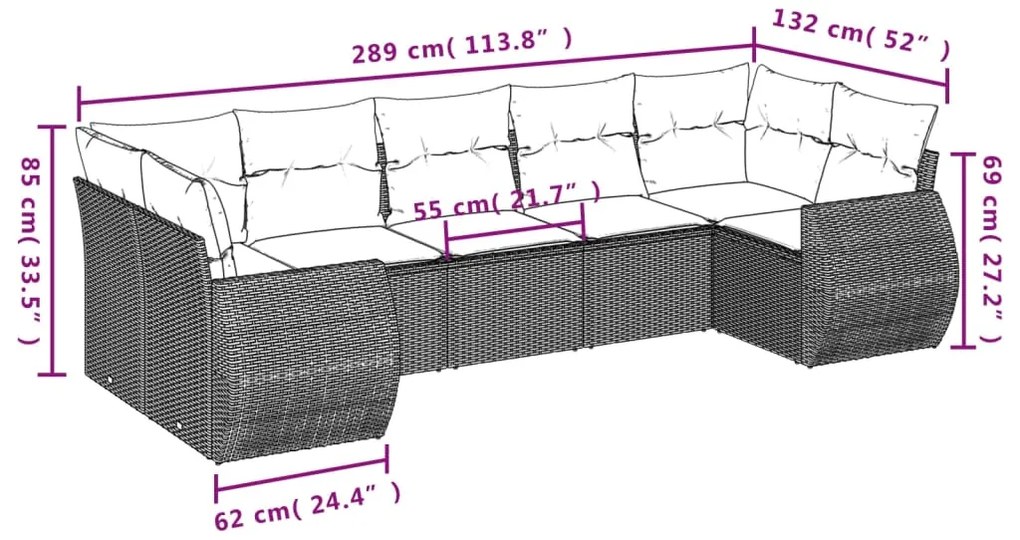 7 pcs conjunto de sofás p/ jardim c/ almofadões vime PE preto