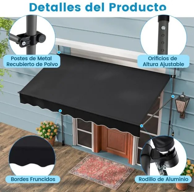 Toldo retrátil manual 2,5 m x 3 m Toldo exterior com altura ajustável Manivela e sem perfuração para janela Porta Terraço Preto
