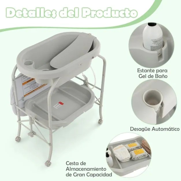 Fraldário para bebés com banheira portátil Almofada dobrável em PVC Bandeja de arrumação com 4 rodas universais Cinzento claro