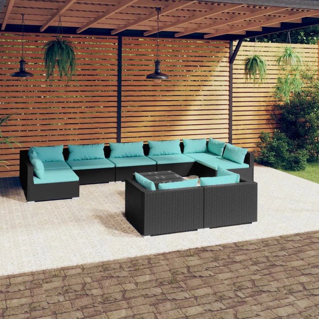 vidaXL 10 pcs conjunto lounge de jardim c/ almofadões vime PE preto