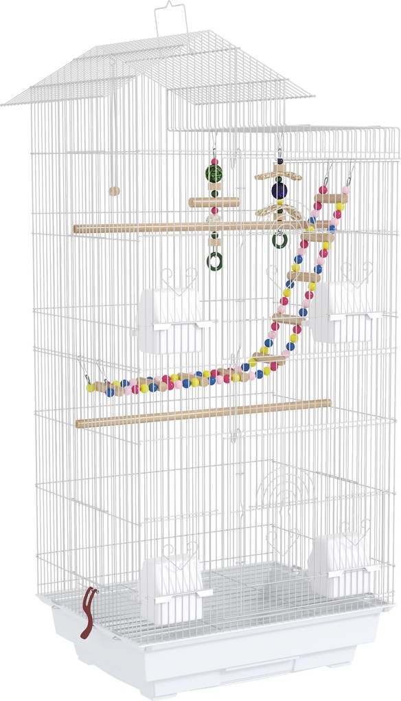 PawHut Gaiola para Passáros de Metal com Portas 4 Comedouros 3 Poleiros Baloiço Escadas e Bandeja Removível  46x36x100 cm Branco | Aosom Portugal