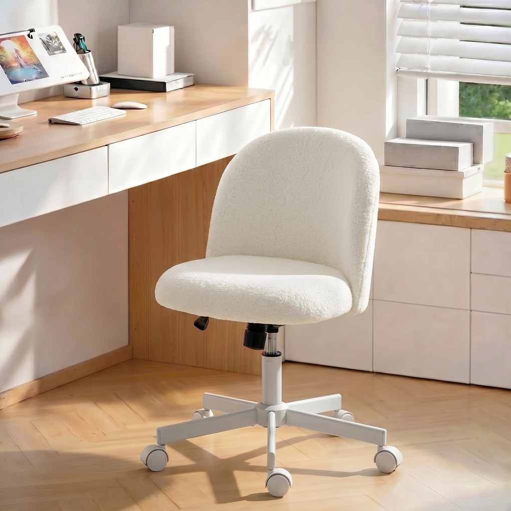 Cadeira de escritório ergonómica, reclinável em tecido bouclé sem braços, altura ajustável, creme
