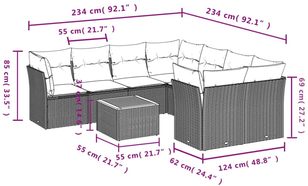9 pcs conjunto de sofás p/ jardim c/ almofadões vime PE preto