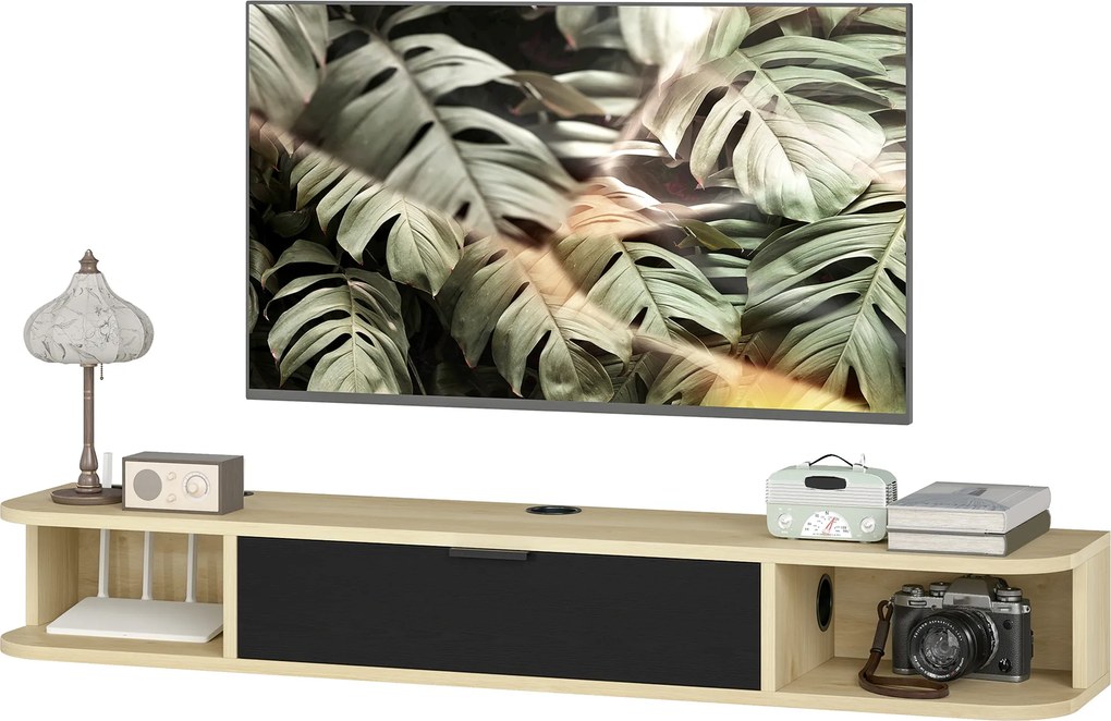 Móvel de TV suspenso 120 x 24 x 16 cm, móvel para televisores até 50 polegadas, com gaveta rebatível e 2 prateleiras, preto e castanho