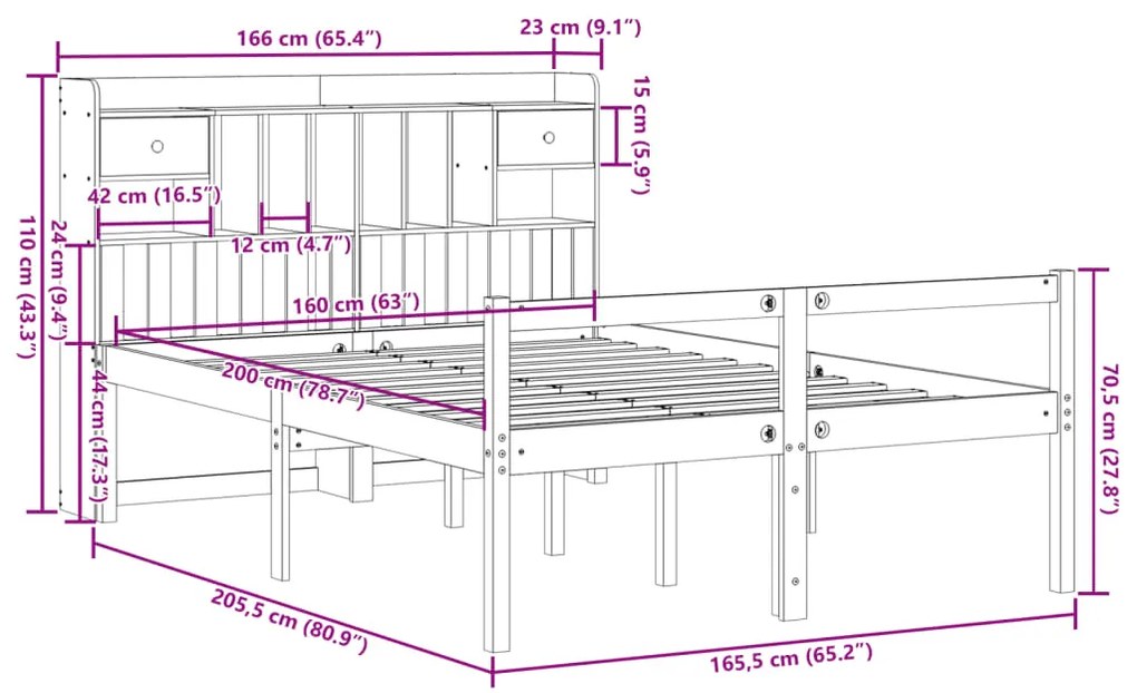 Cama com estante sem colchão 160x200 cm pinho maciço