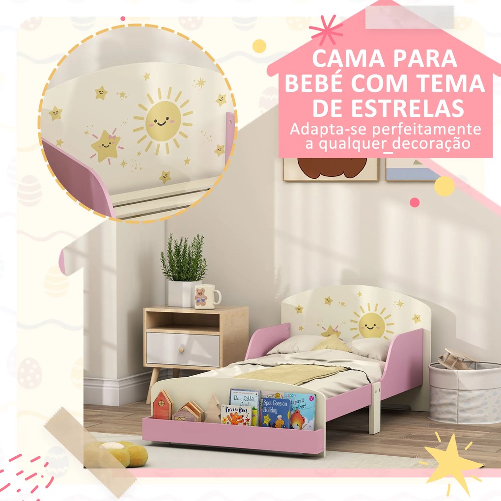 Cama Infantil para Crianças +3 Anos 70x140 cm em Madeira (Colchão não incluído) com Armazenamento e Desenhos de Estrela Rosa