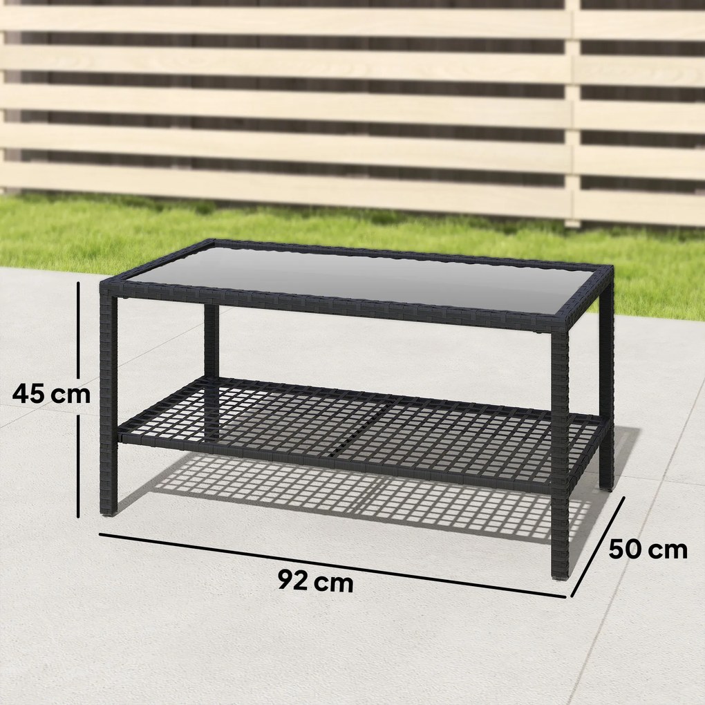 Mesa de Centro de Jardim em Ratã com Prateleira e Tampo de Vidro Temperado Estrutura de Aço 92x50x45 cm Preto