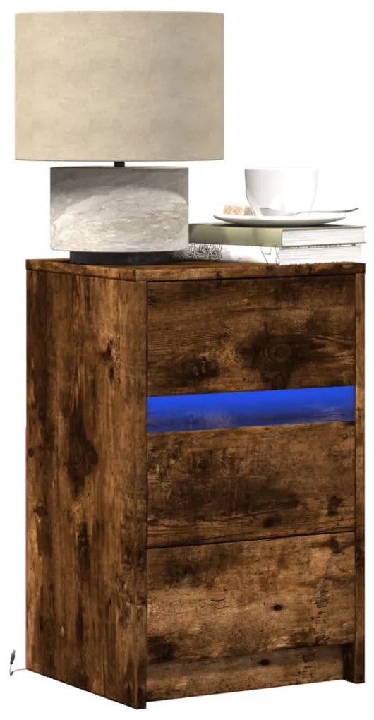 Mesa cabeceira c/ luzes LED derivados madeira carvalho fumado
