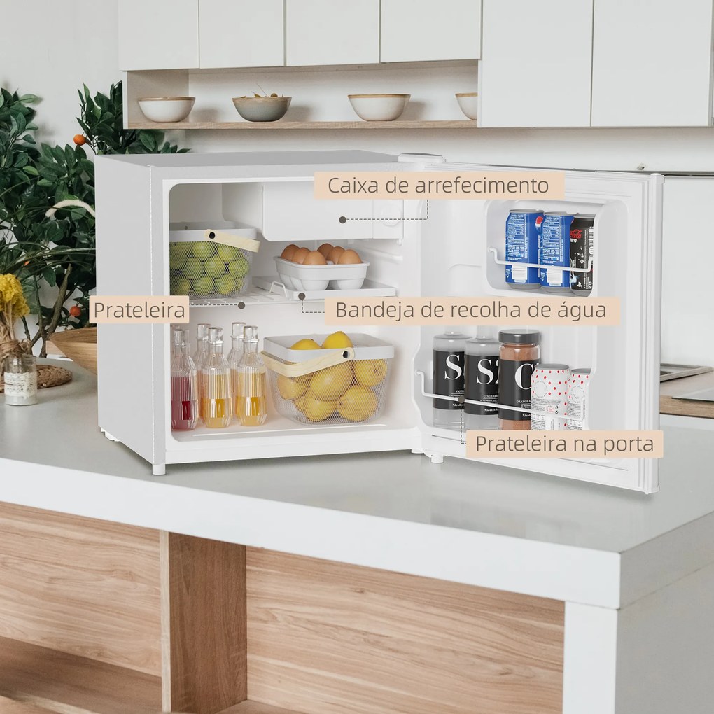 Mini Frigorífico Silencioso 46L Classe F com Temperatura Ajustável e Porta Reversível 48x44x49 cm Branco