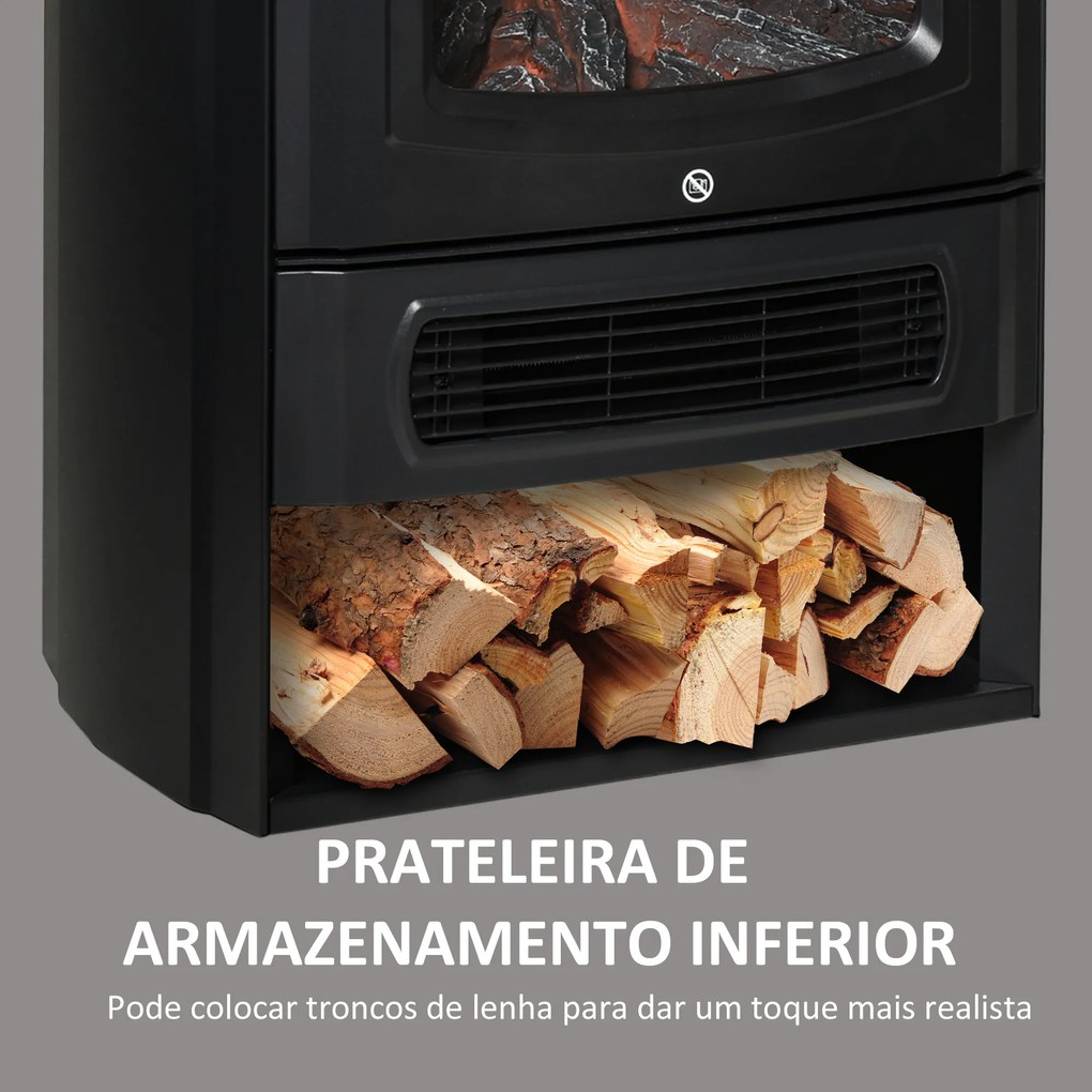 HOMCOM Lareira Elétrica Potência de 2 Níveis 1000W ou 2000W com Efeito de Chama Termostato e Proteção contra Superaquecimento até 25m² 44,5x32,1x74cm Preto