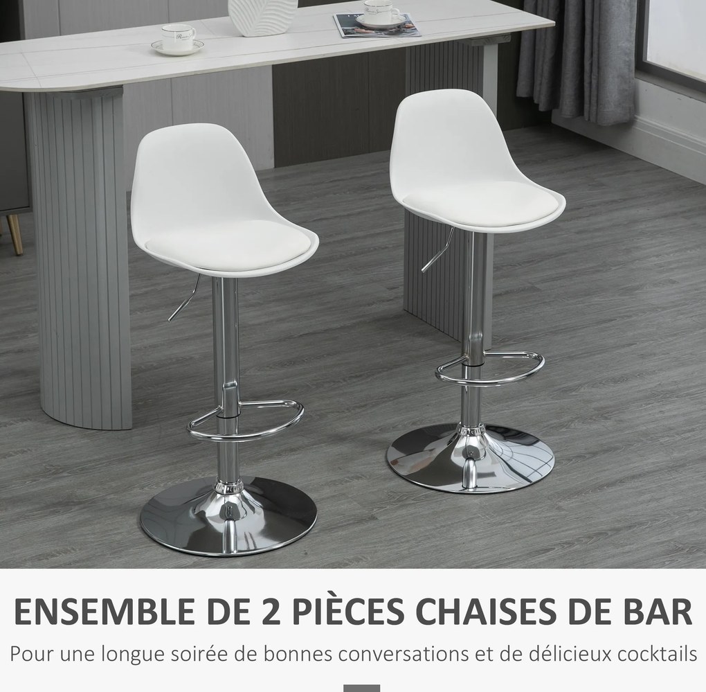 Conjunto de 2 bancos de bar e cadeiras altas de cozinha com encosto e apoio para os pés, altura ajustável, 41 x 42 x 82–104 cm, branco