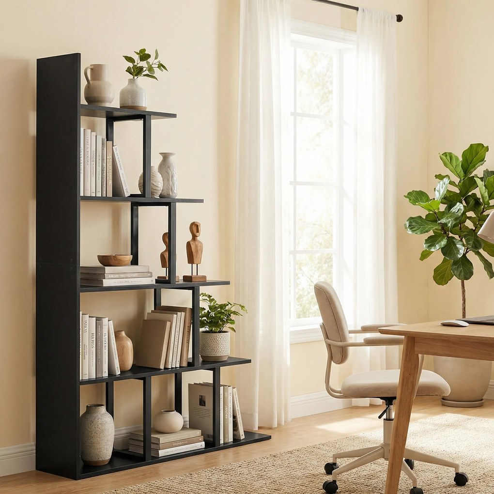 Estante-biblioteca  102 x 30 x 160 cm divisória de espaço em estilo industrial, em forma de escada, com 5 prateleiras, cor preta