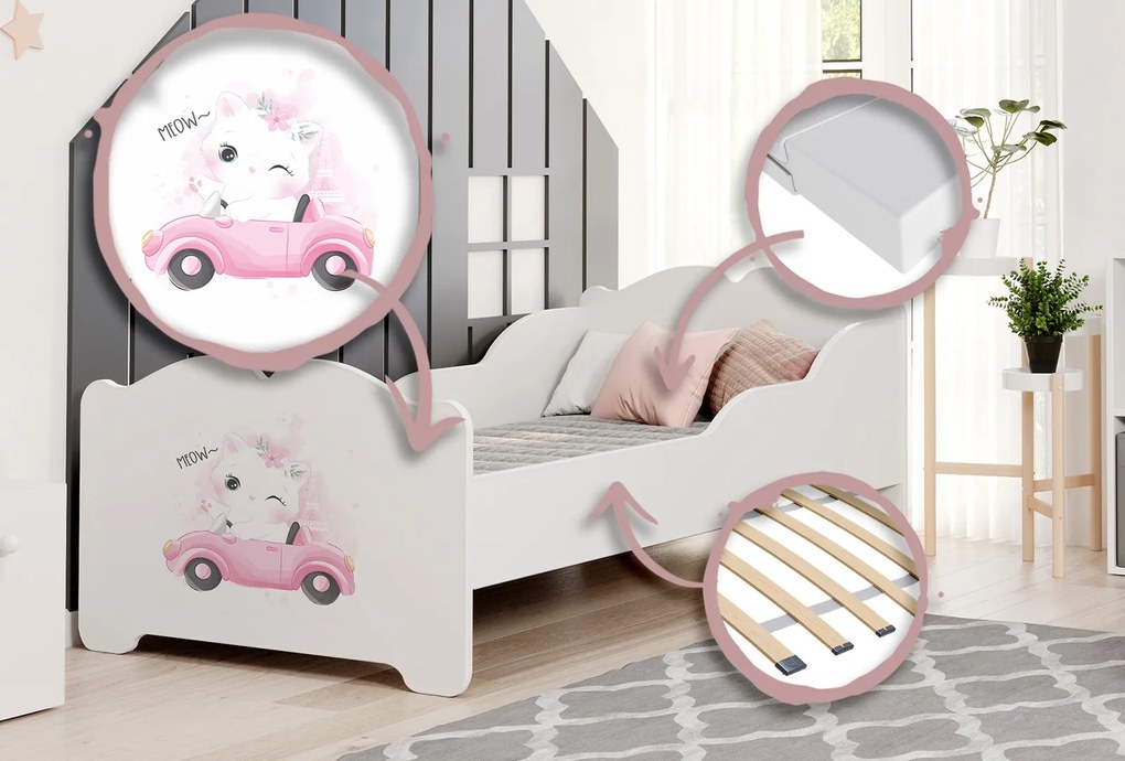 Cama infantil ANNA branca 160x80 - gato rosa - colchão e estrado incluído