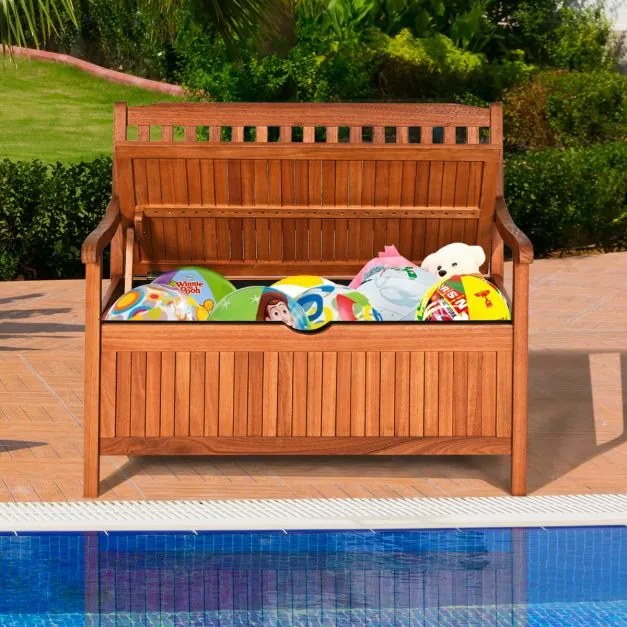 Banco jardim de madeira com arrumação de exterior com revestimento interior amovível para pátio, jardim, varanda 107 x 59 x 90 cm Teca