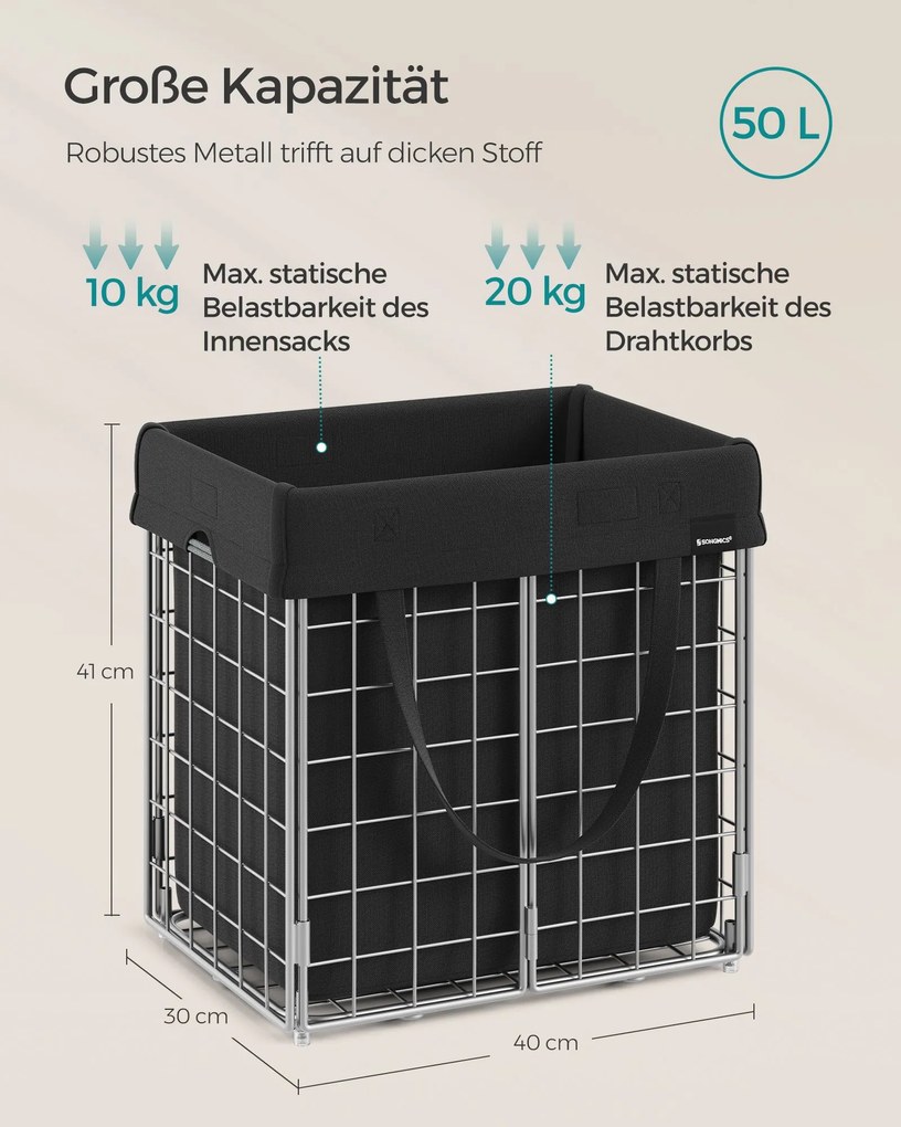 Cesto para roupa suja 50 litros com saco para roupa suja amovível e lavável Preto