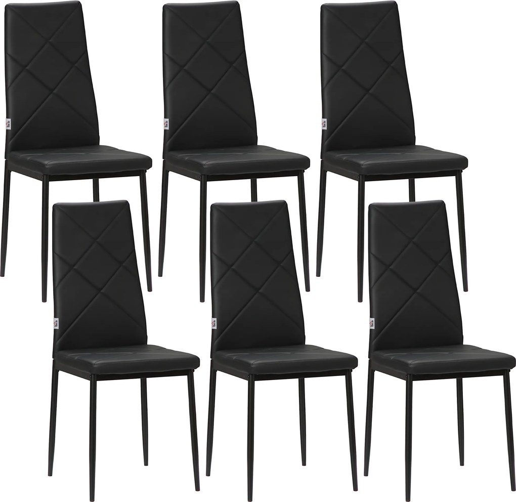 HOMCOM Conjunto de 6 Cadeiras de Sala de Jantar Estofadas em Couro Sintético com Encosto Alto e Pés de Aço 41x50x97 cm Preto | Aosom Portugal