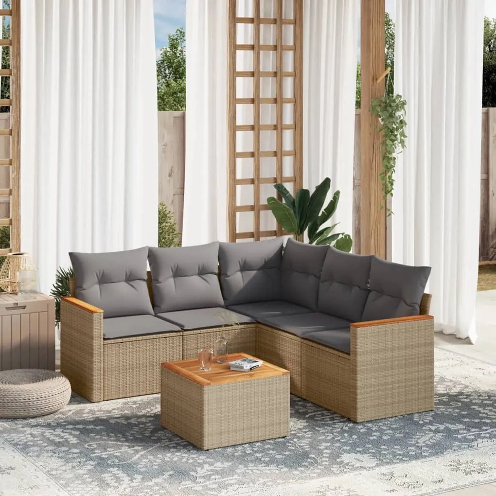 6 pcs conj. sofás jardim c/ almofadões vime PE bege misturado