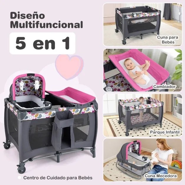 Berço dobrável e portátil Parque infantil com berço de balanço e trocador Barra de brinquedos Caixa de música e bolsa de transporte